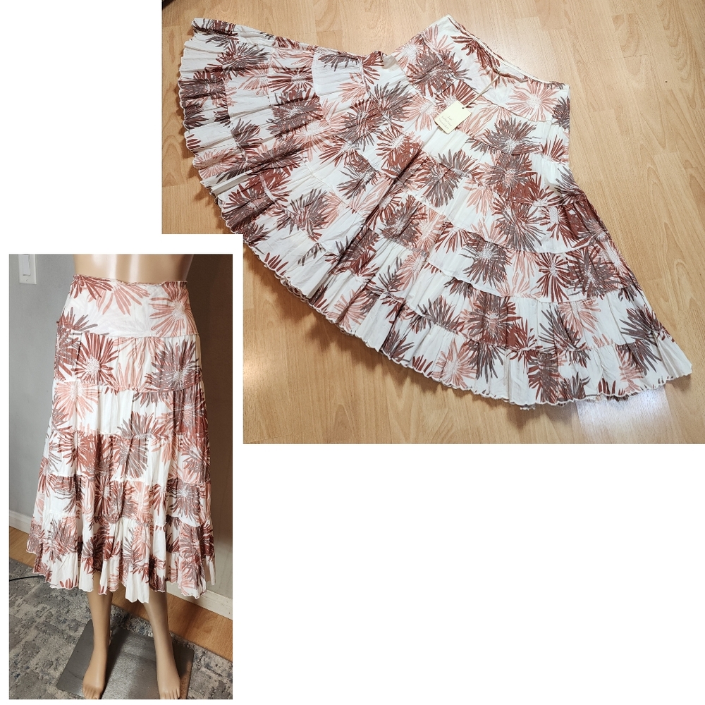 NWT Just Jeans Dahlia Print Tiered Midi Skirt Size 14 Runs Small Brown Off White